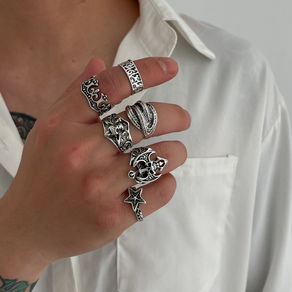 Hip Hop Distressed Carved Bat Alloy Ring Set