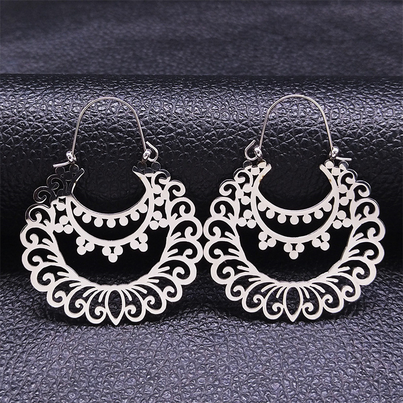 MYK3019-Retro ethnic style stainless steel openwork floral bohemian carved earrings