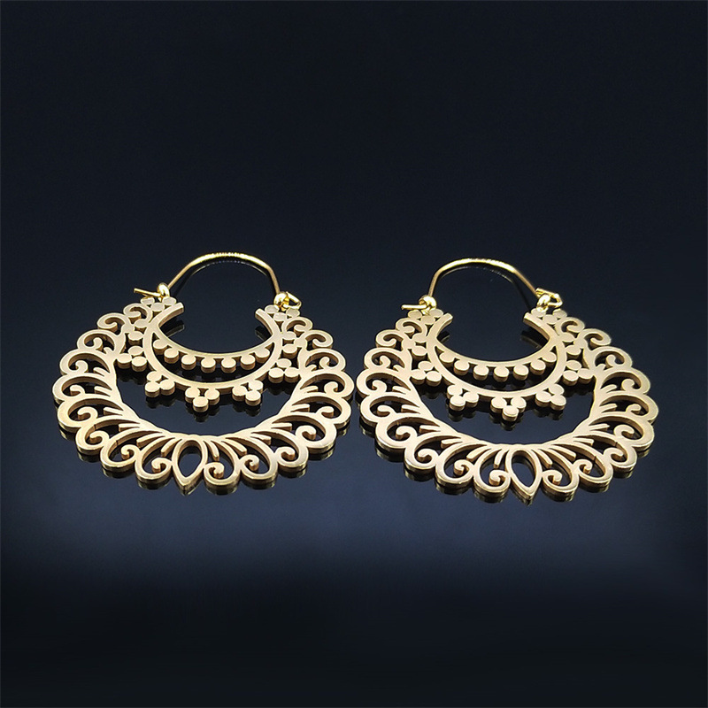 MYK3019-Retro ethnic style stainless steel openwork floral bohemian carved earrings