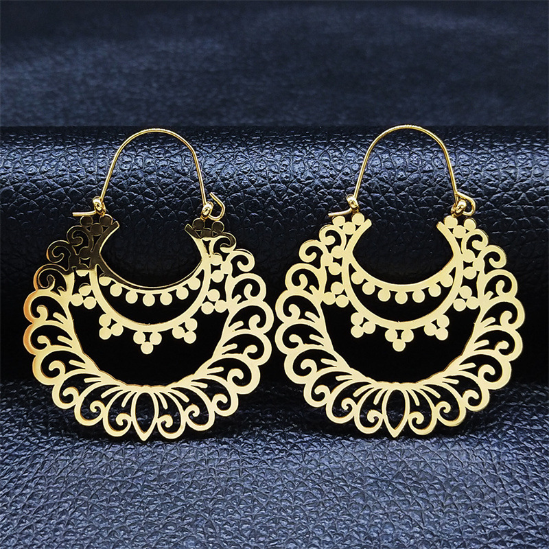 MYK3019-Retro ethnic style stainless steel openwork floral bohemian carved earrings