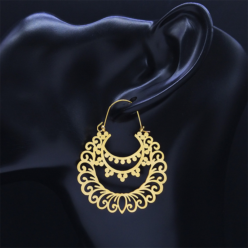 MYK3019-Retro ethnic style stainless steel openwork floral bohemian carved earrings