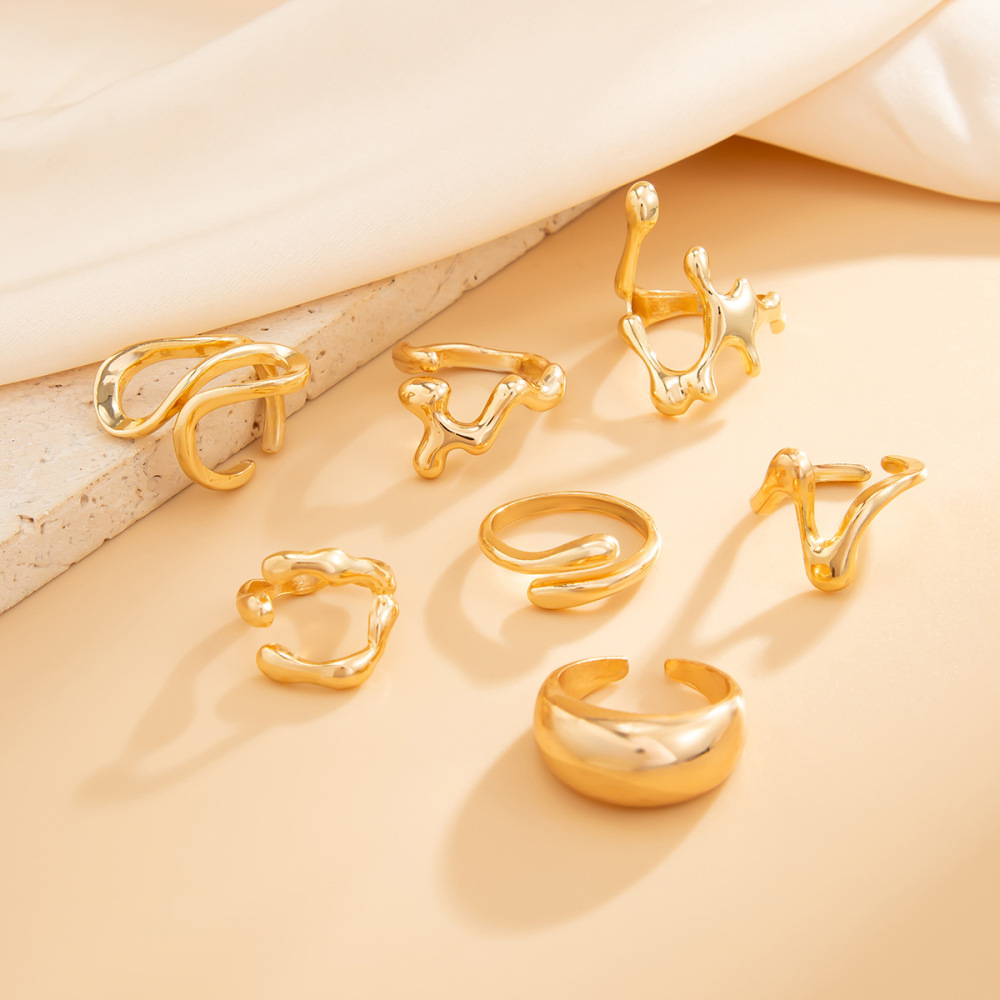 7-piece Irregular Liquid Lava Metal Wrinkled Alloy Ring Set