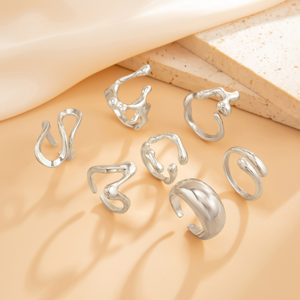 7-piece Irregular Liquid Lava Metal Wrinkled Alloy Ring Set