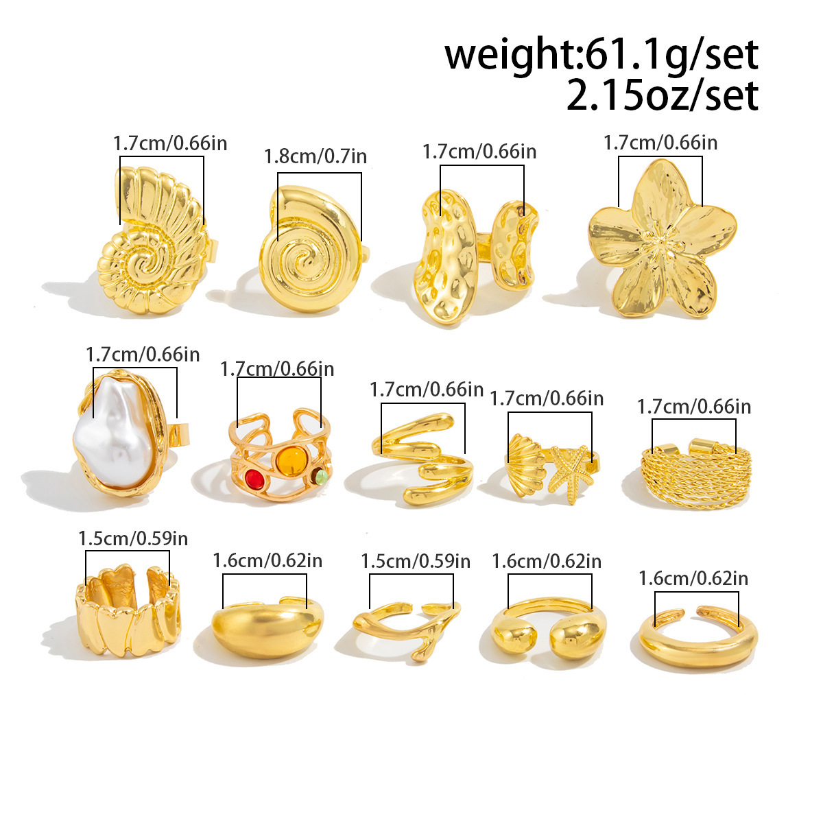 14-piece set of faux pearl openwork irregular alloy rings