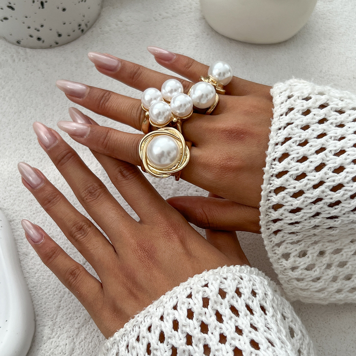 Elegant faux pearl hollow alloy ring 3-piece set