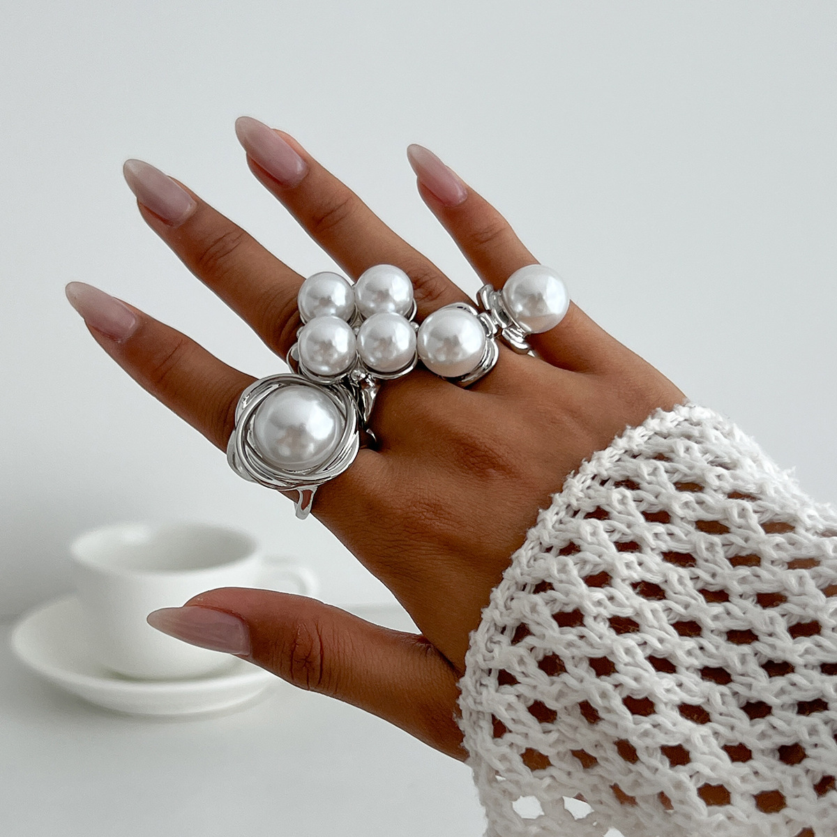 Elegant faux pearl hollow alloy ring 3-piece set