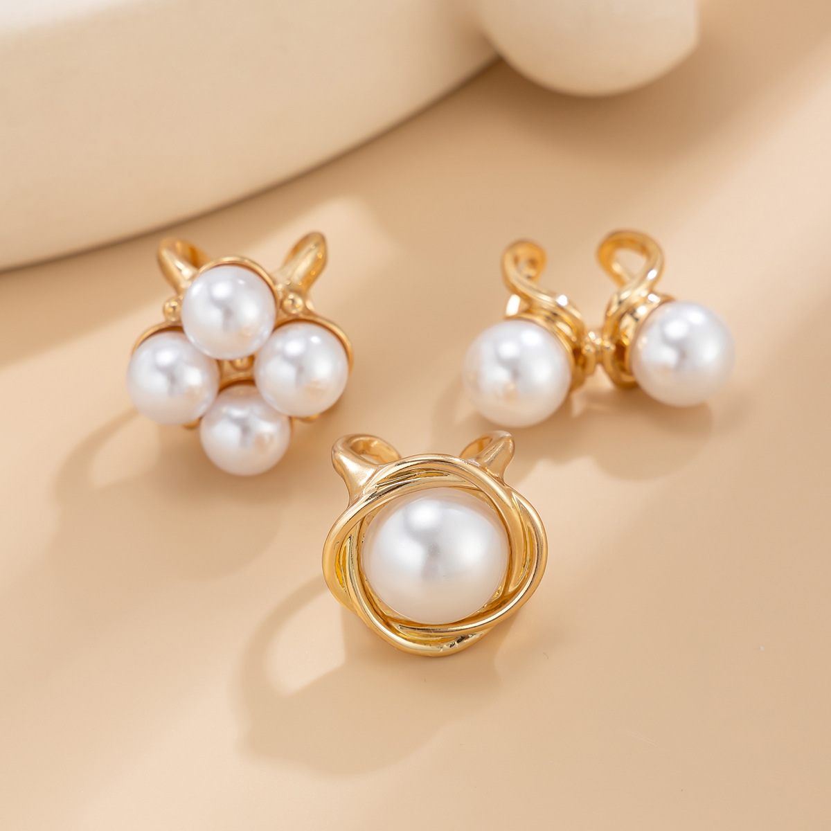 Elegant faux pearl hollow alloy ring 3-piece set
