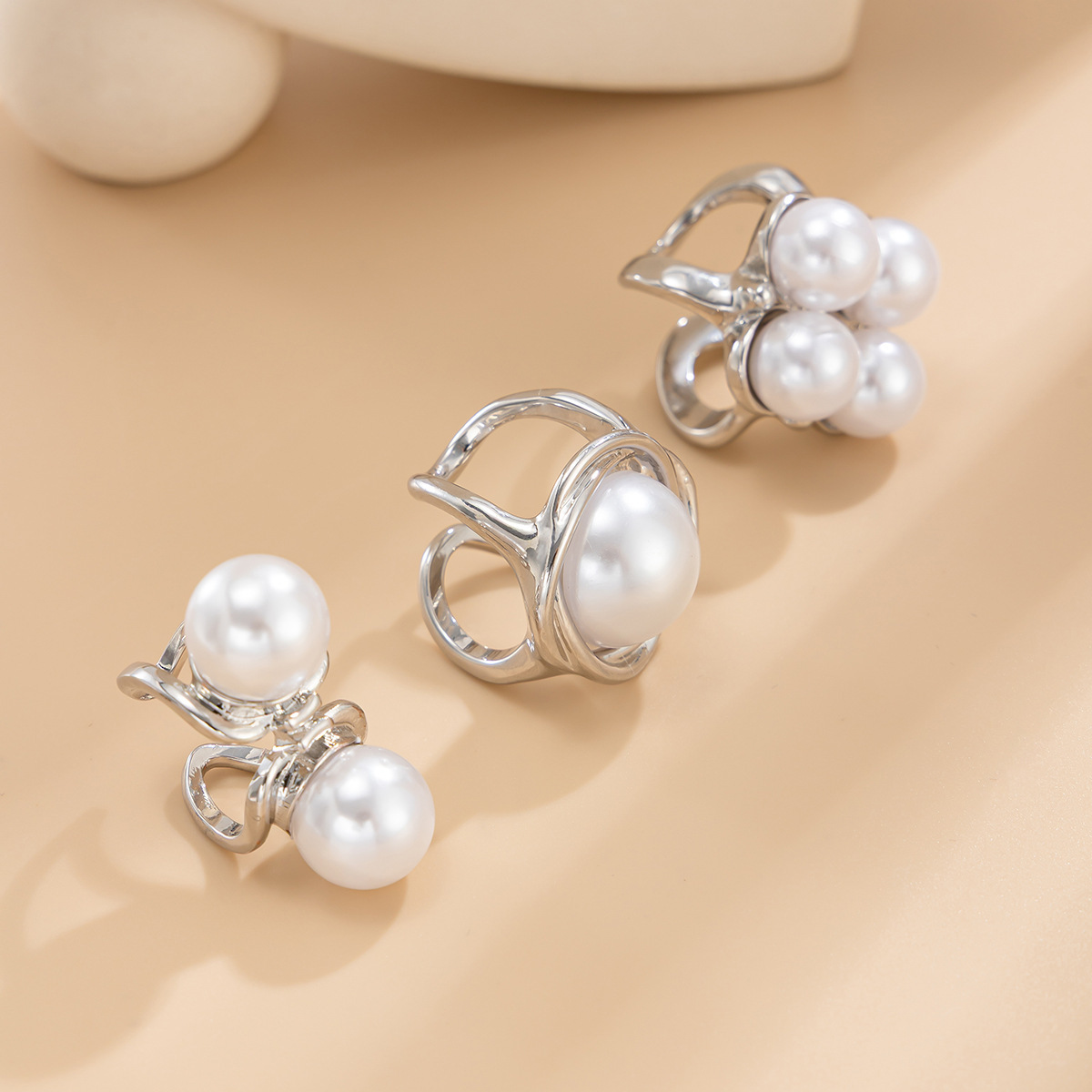 Elegant faux pearl hollow alloy ring 3-piece set