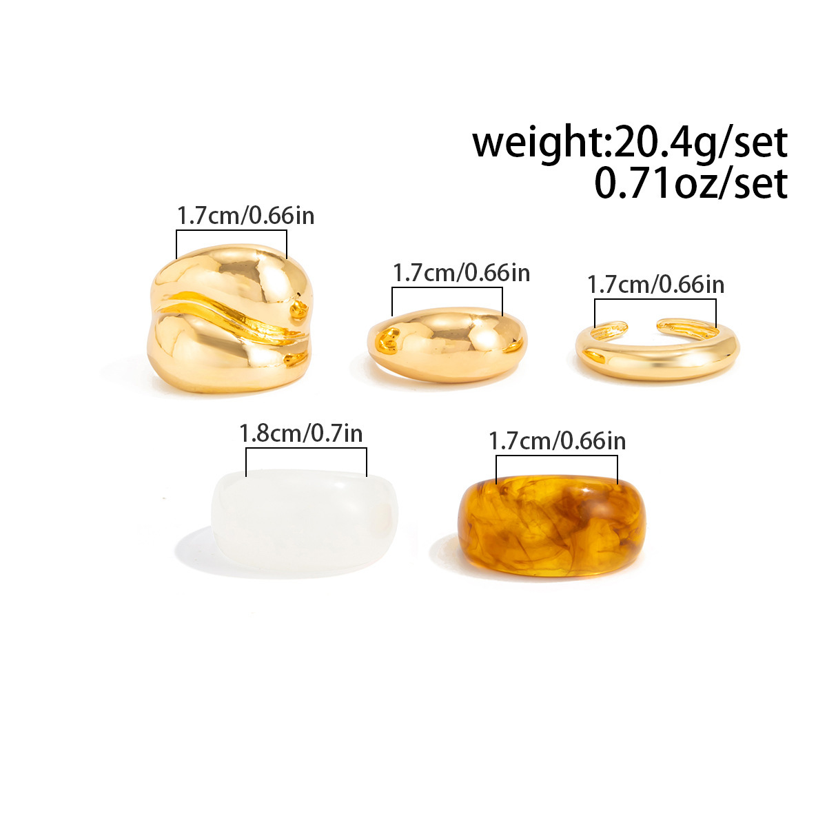 Metallic smooth teardrop hug alloy resin ring 5-piece set