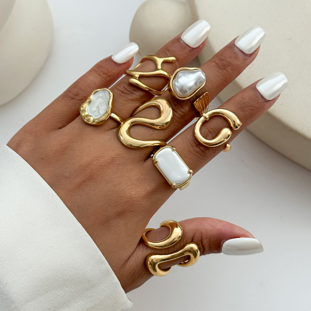 Baroque-style irregular pearl open alloy ring set (7 pieces)