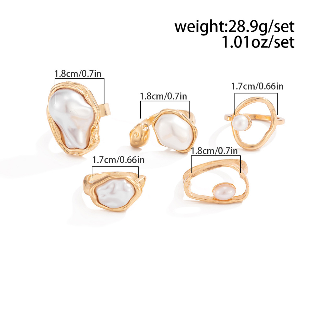 Baroque-style imitation pearl open alloy ring set (5 pieces)