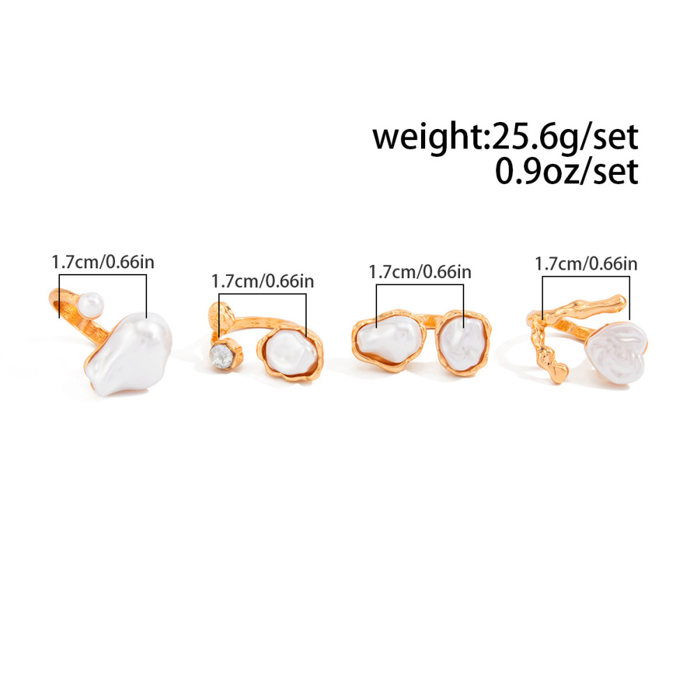 Baroque-style imitation pearl open alloy ring set (4 pieces)