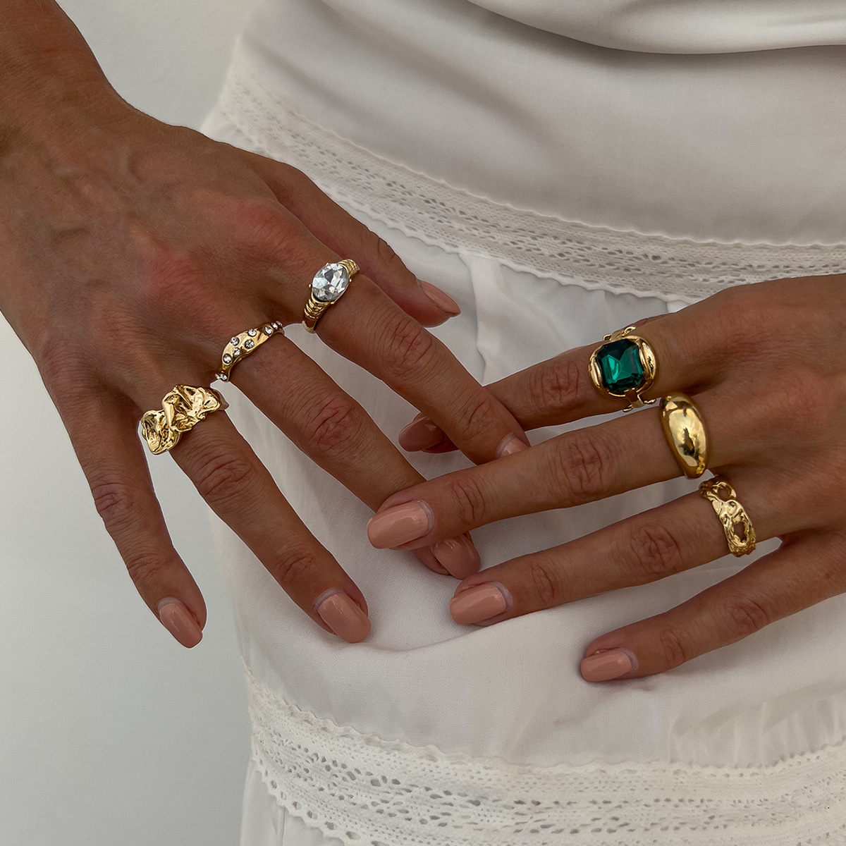 Stylish Openwork Diamond-Studded Irregular Alloy Ring Set (6 Pieces)