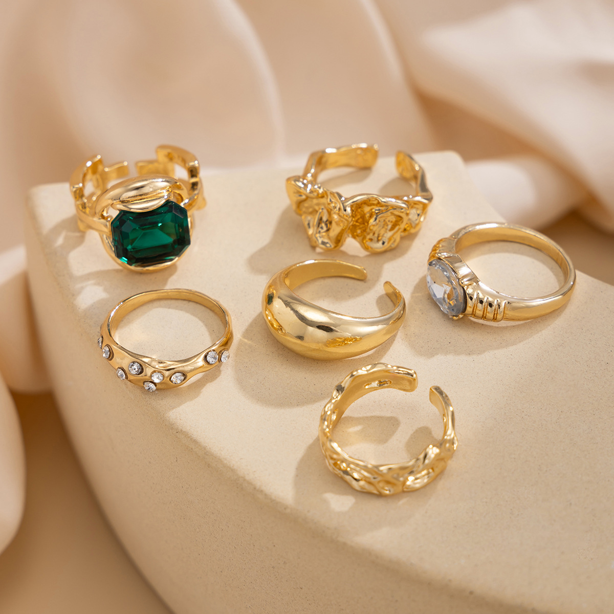 Stylish Openwork Diamond-Studded Irregular Alloy Ring Set (6 Pieces)