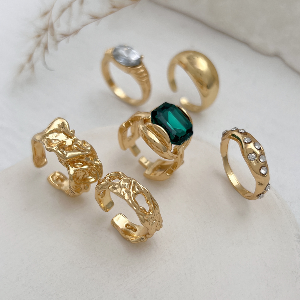 Stylish Openwork Diamond-Studded Irregular Alloy Ring Set (6 Pieces)