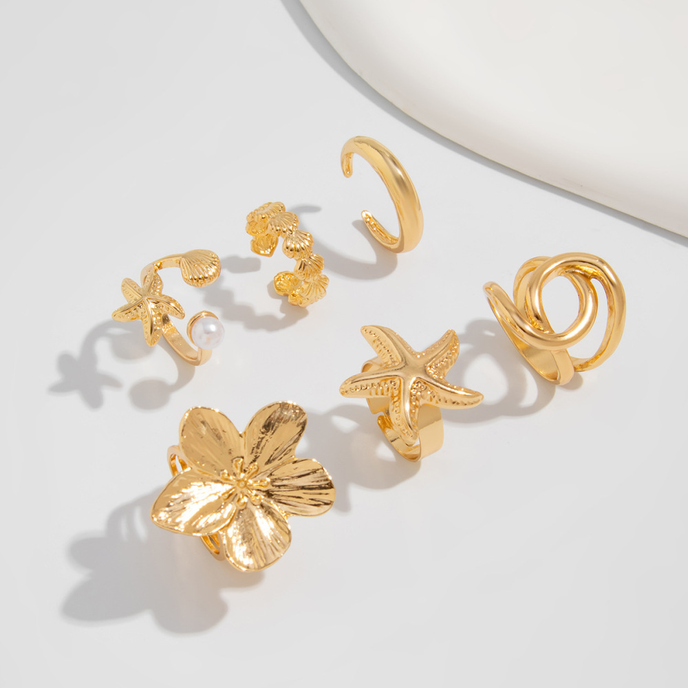 Irregular starfish shell flower alloy ring set (6 pieces)