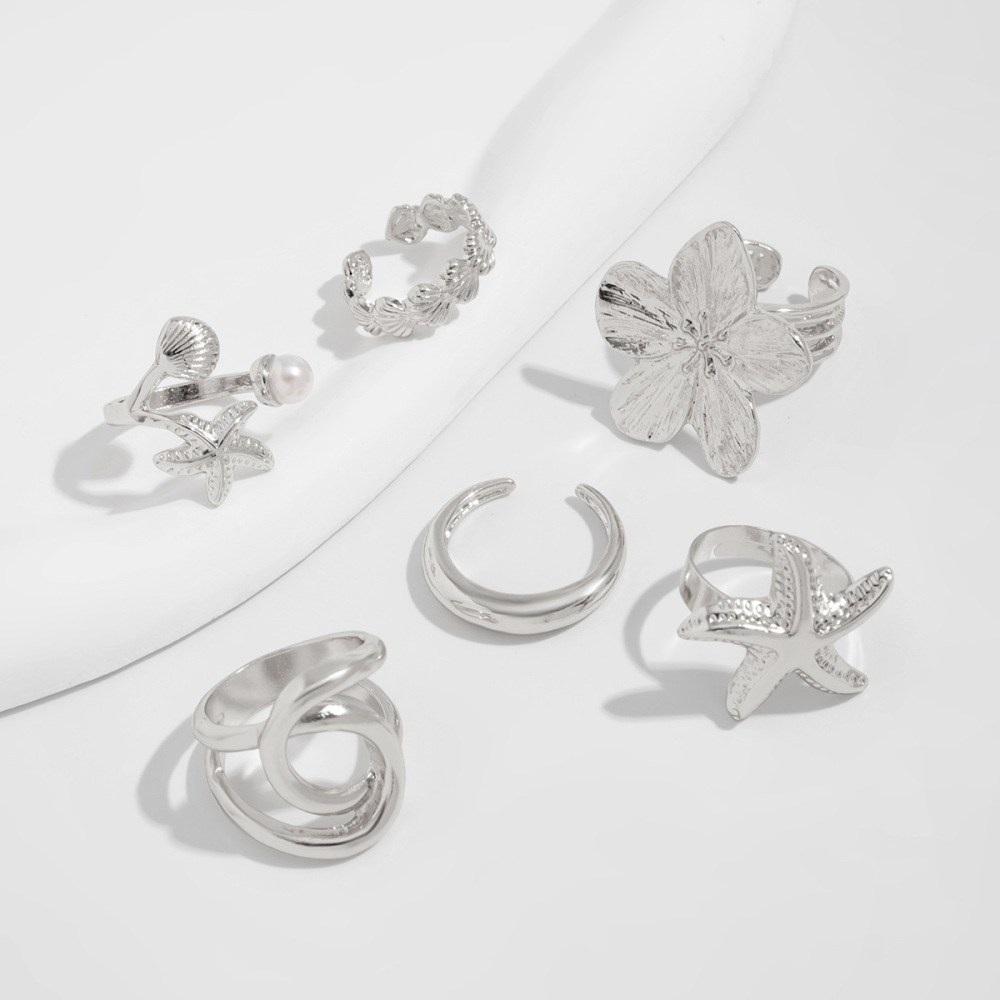 Irregular starfish shell flower alloy ring set (6 pieces)