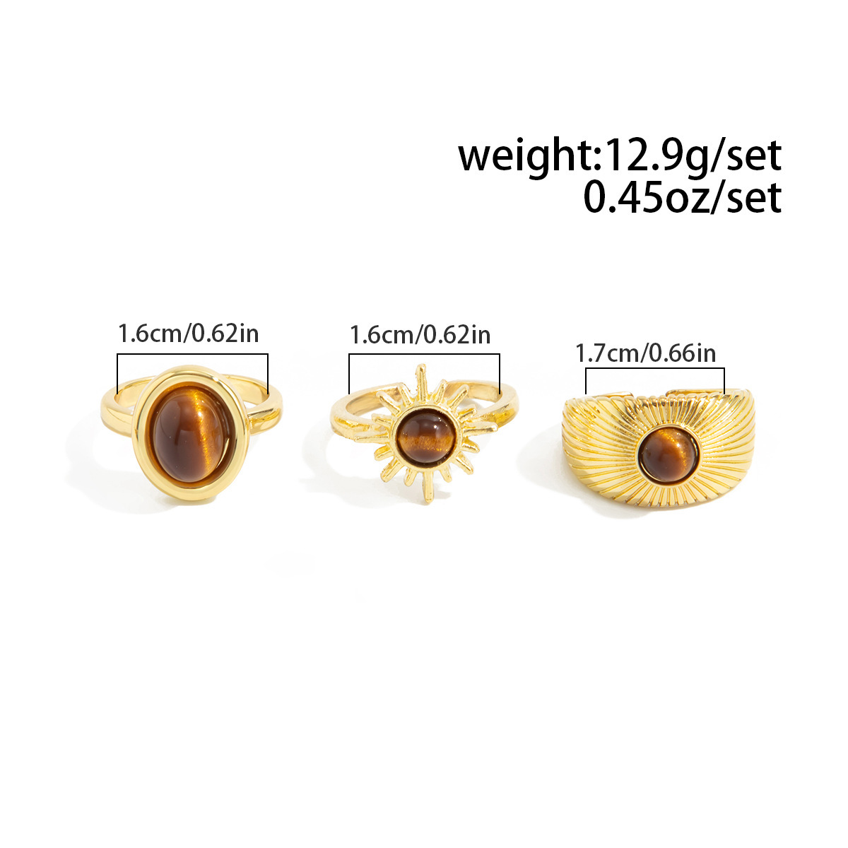 Vintage Tiger Eye Alloy Ring Set (3 Pieces)
