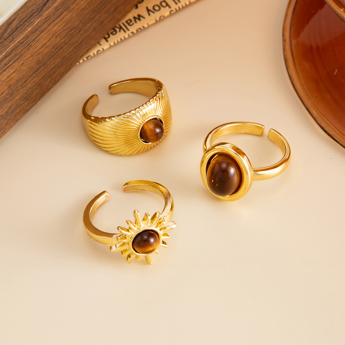 Vintage Tiger Eye Alloy Ring Set (3 Pieces)