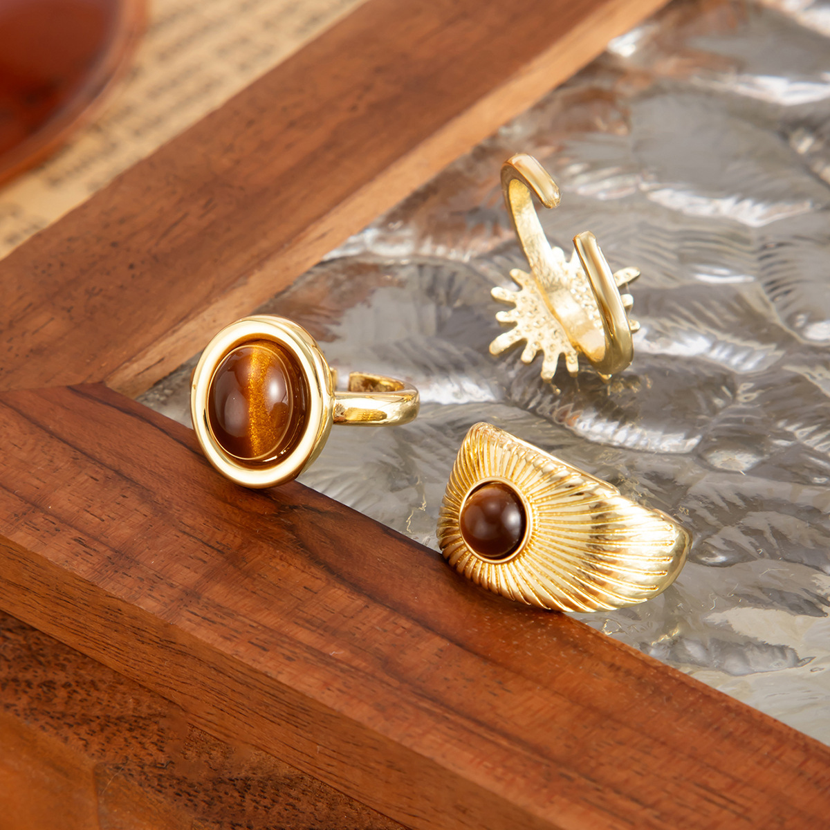 Vintage Tiger Eye Alloy Ring Set (3 Pieces)