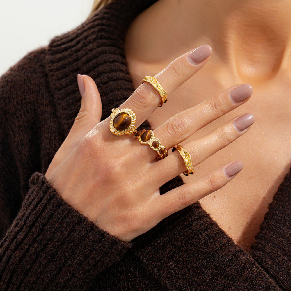 Vintage Tiger Eye Alloy Ring Set (4 Pieces)
