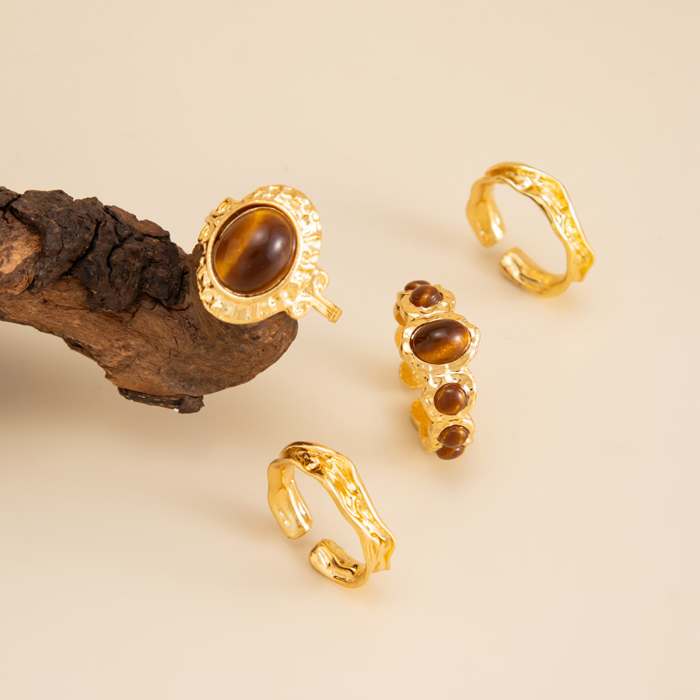 Vintage Tiger Eye Alloy Ring Set (4 Pieces)