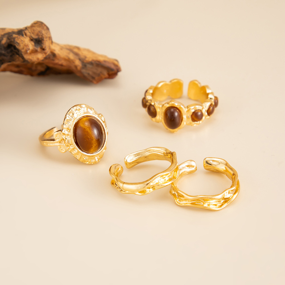 Vintage Tiger Eye Alloy Ring Set (4 Pieces)