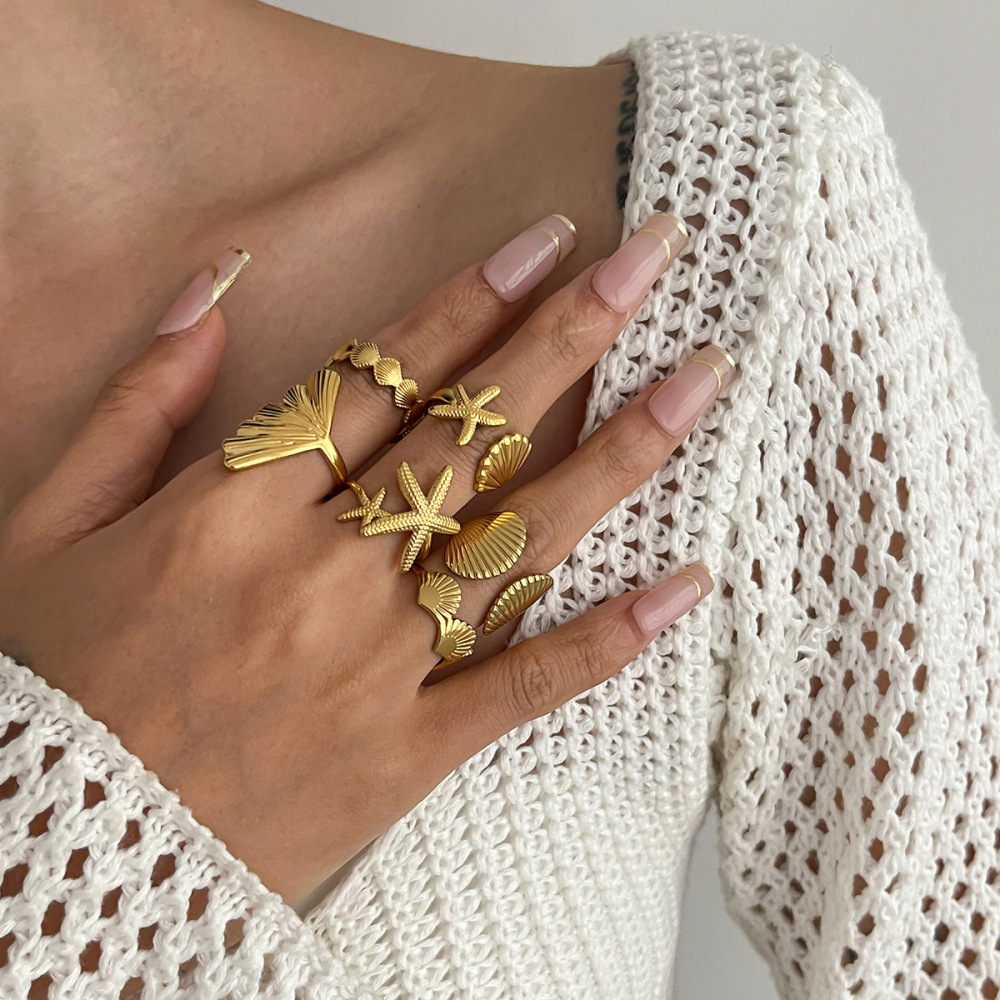 Ocean Series Seashell and Starfish Alloy Ring Set (6 Pieces)