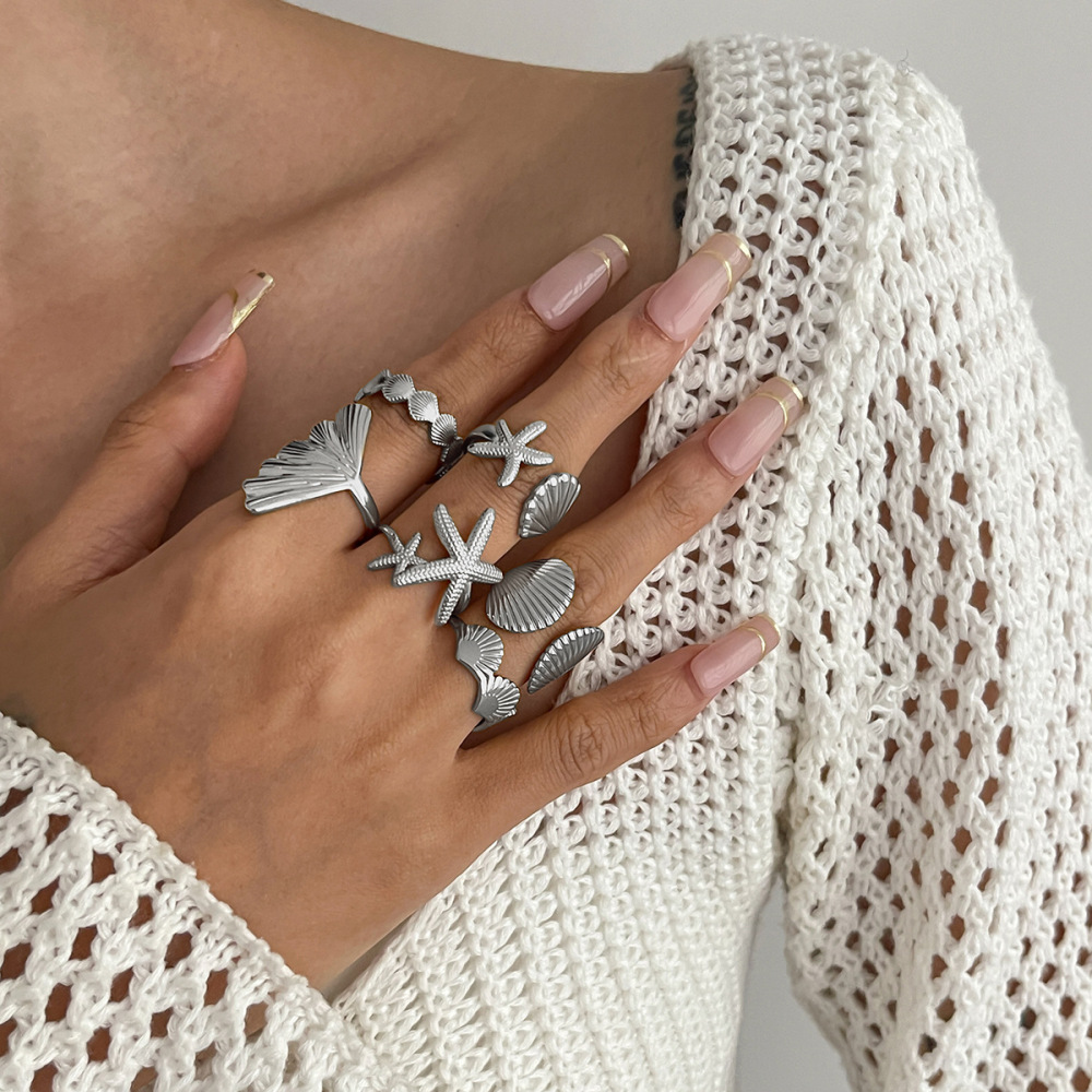 Ocean Series Seashell and Starfish Alloy Ring Set (6 Pieces)
