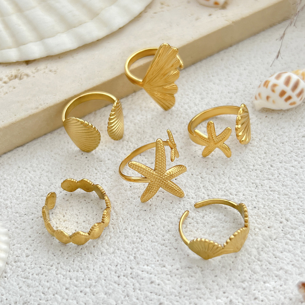 Ocean Series Seashell and Starfish Alloy Ring Set (6 Pieces)