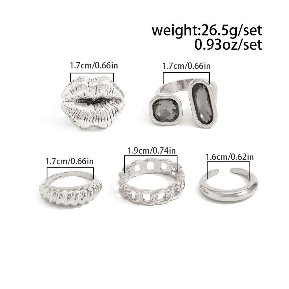 Luxury-style niche acrylic black diamond alloy ring set (5 pieces)