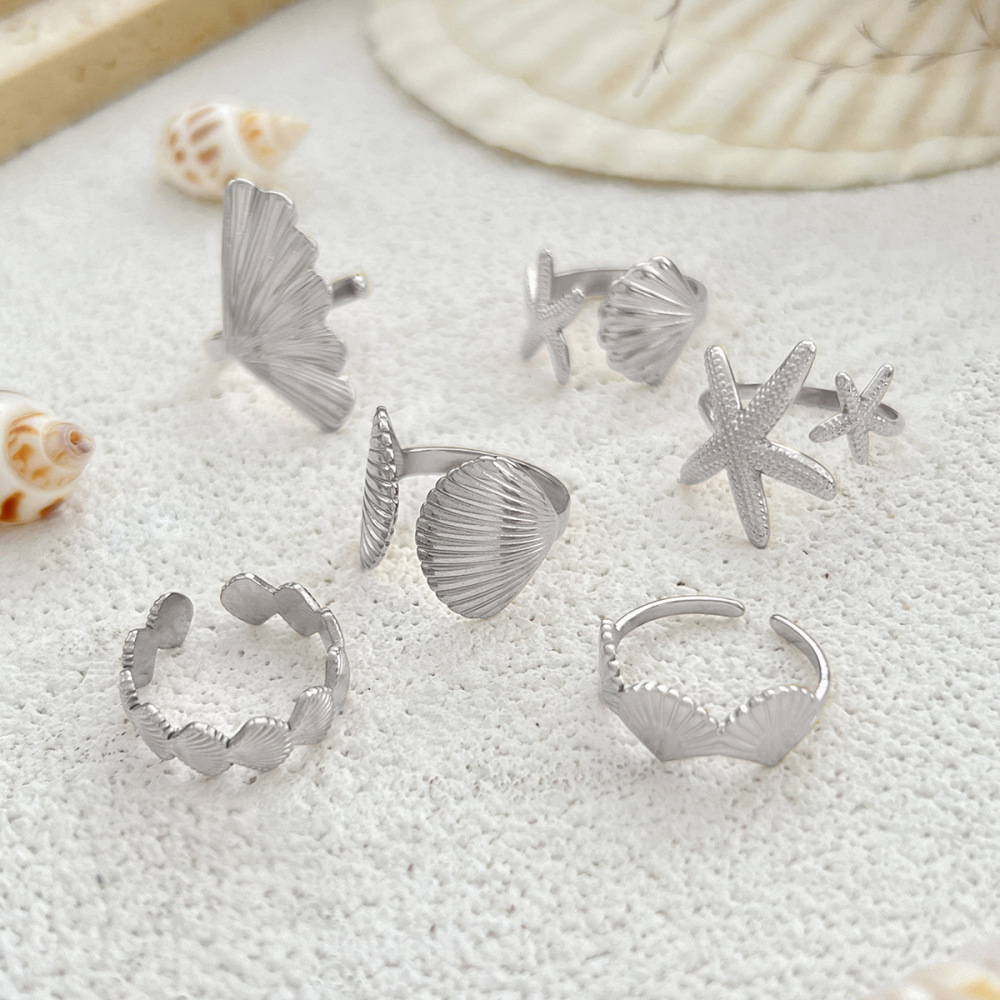 Ocean Series Seashell and Starfish Alloy Ring Set (6 Pieces)