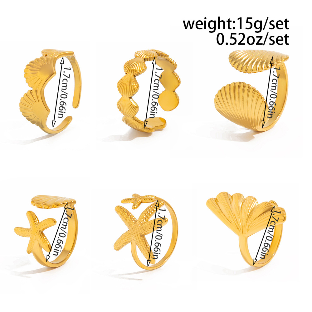 Ocean Series Seashell and Starfish Alloy Ring Set (6 Pieces)