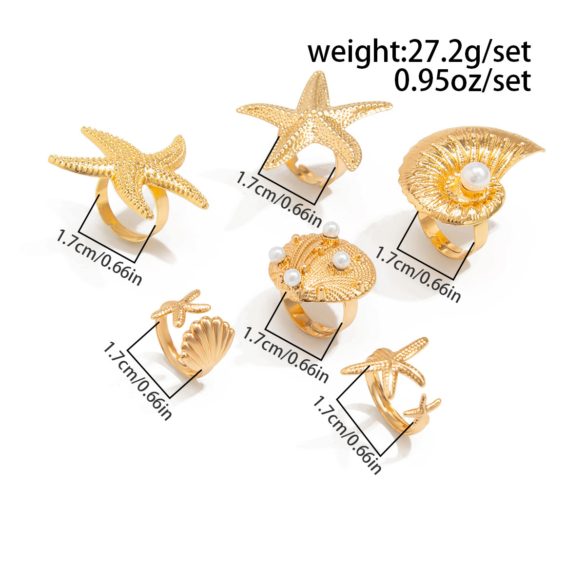 Ocean Series Seashell, Starfish, and Conch Alloy Ring Set (6 Pieces)