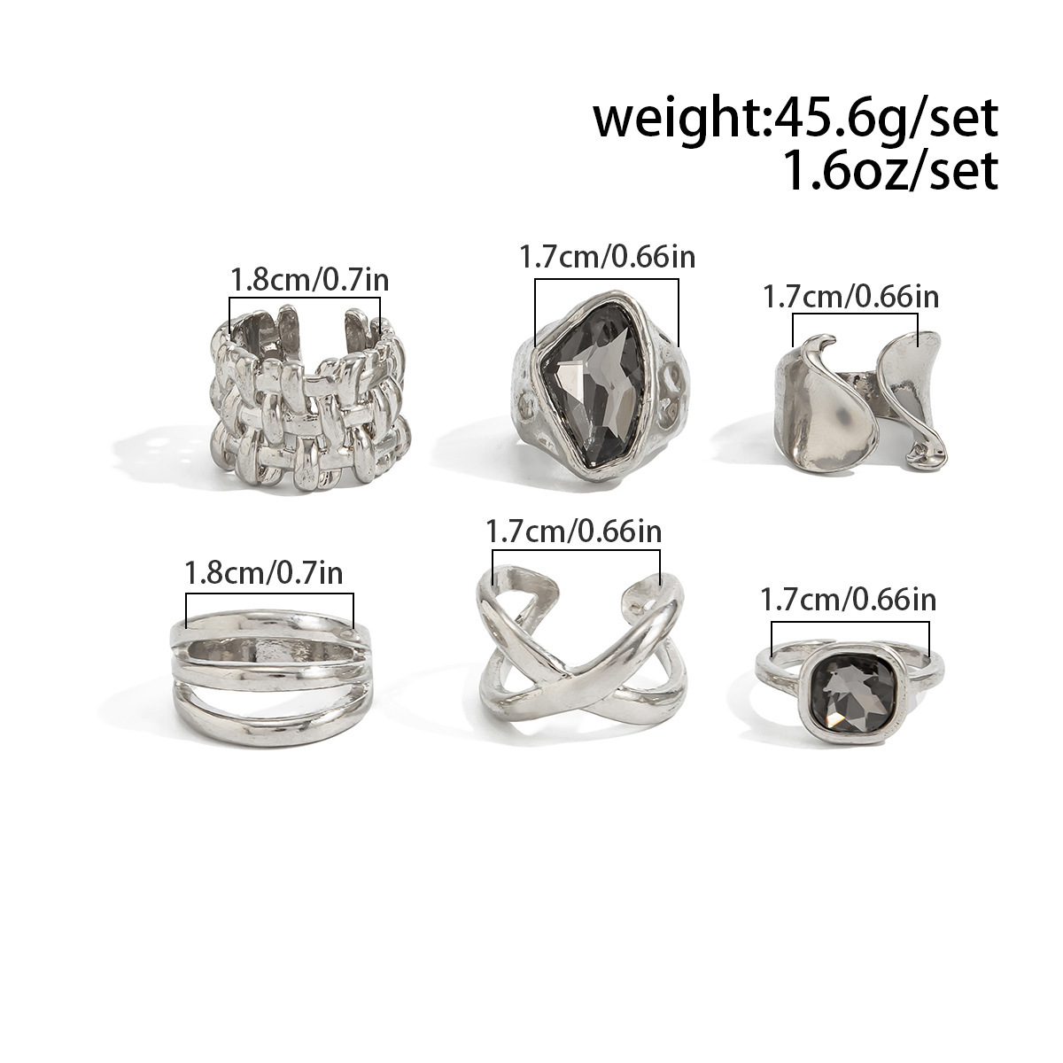 Niche Acrylic Black Diamond Geometric Alloy Ring Set (6 Pieces)