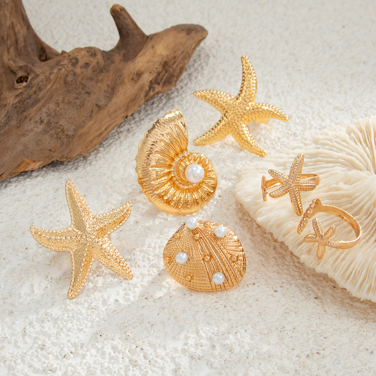 Ocean Series Seashell, Starfish, and Conch Alloy Ring Set (6 Pieces)