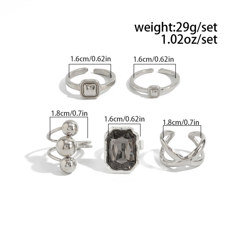 Niche Acrylic Black Diamond Geometric Alloy Ring Set (5 Pieces)