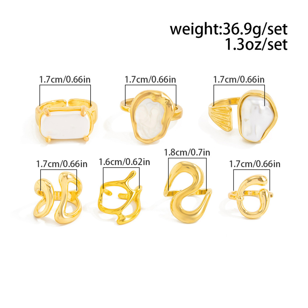 Baroque-style irregular pearl open alloy ring set (7 pieces)