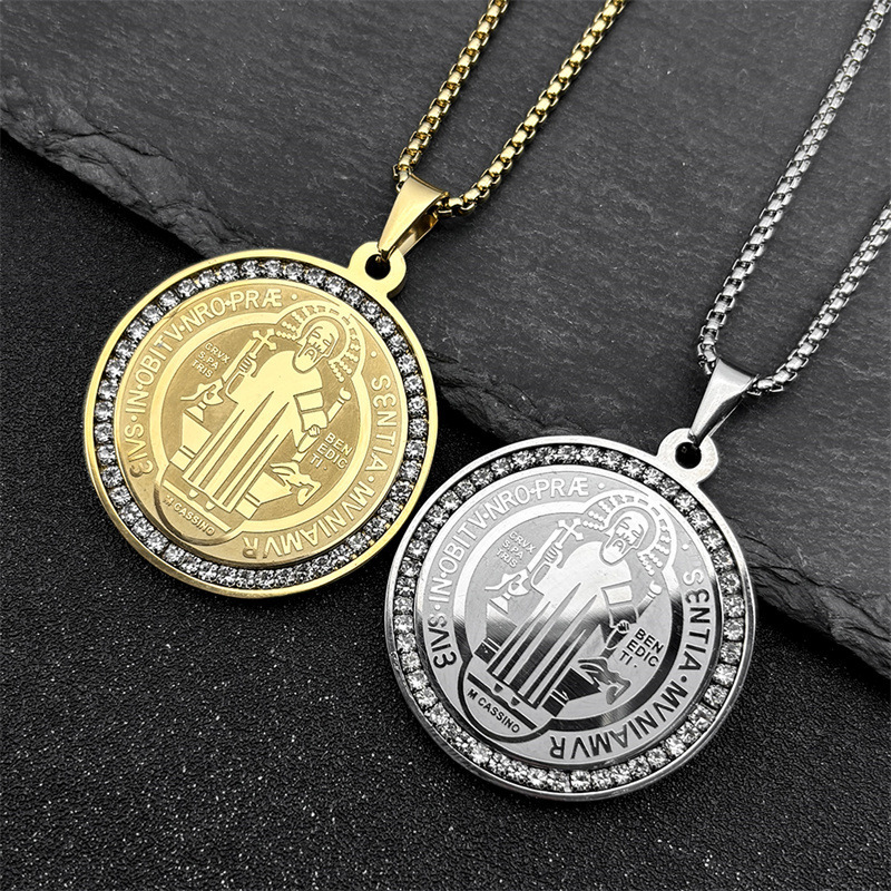MYK3238-St. Benedict's Vintage Circular Double-Sided Pattern Faith Necklace