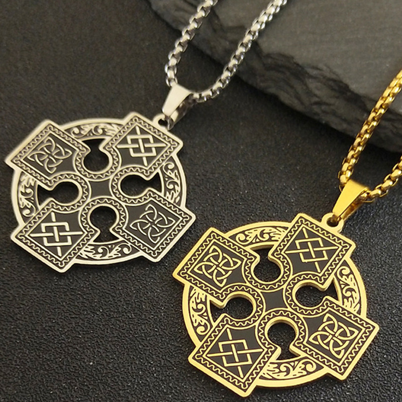 MYK3244-Celtic Knot Neck Stainless Steel Sun Cross Knot Viking Shield Druid Necklace