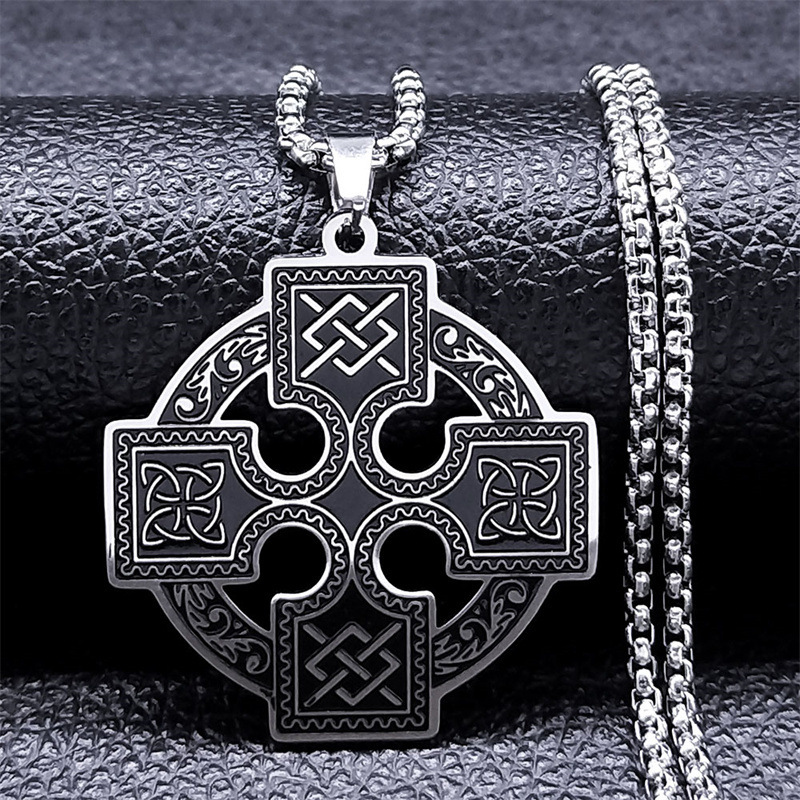 MYK3244-Celtic Knot Neck Stainless Steel Sun Cross Knot Viking Shield Druid Necklace