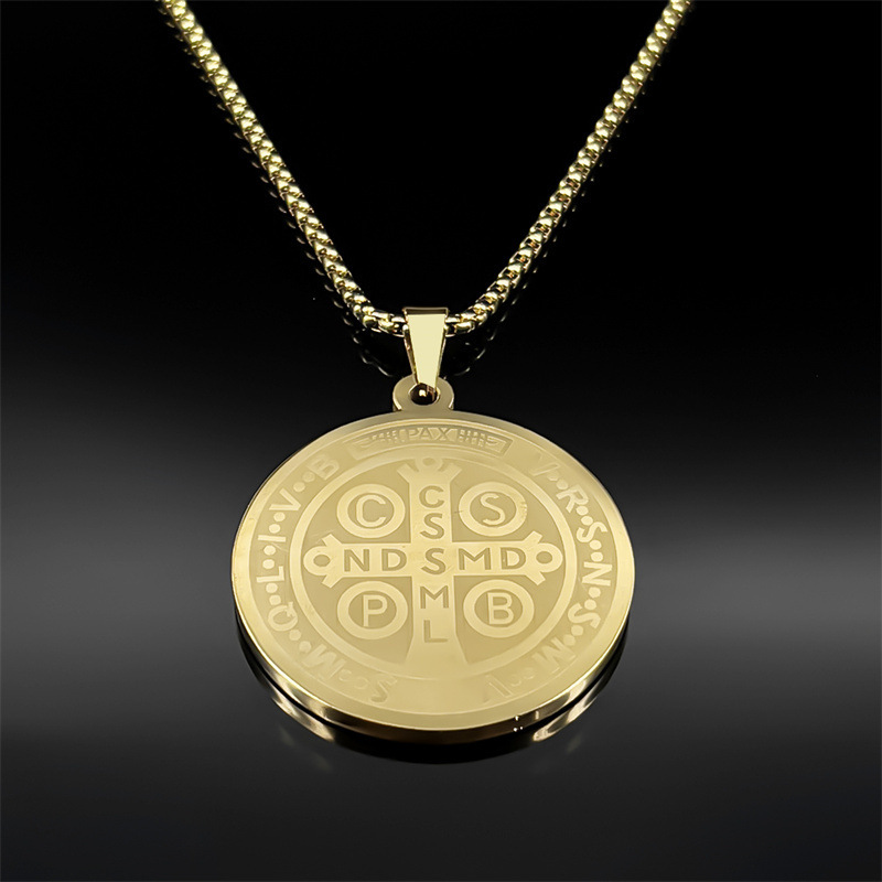 MYK3238-St. Benedict's Vintage Circular Double-Sided Pattern Faith Necklace