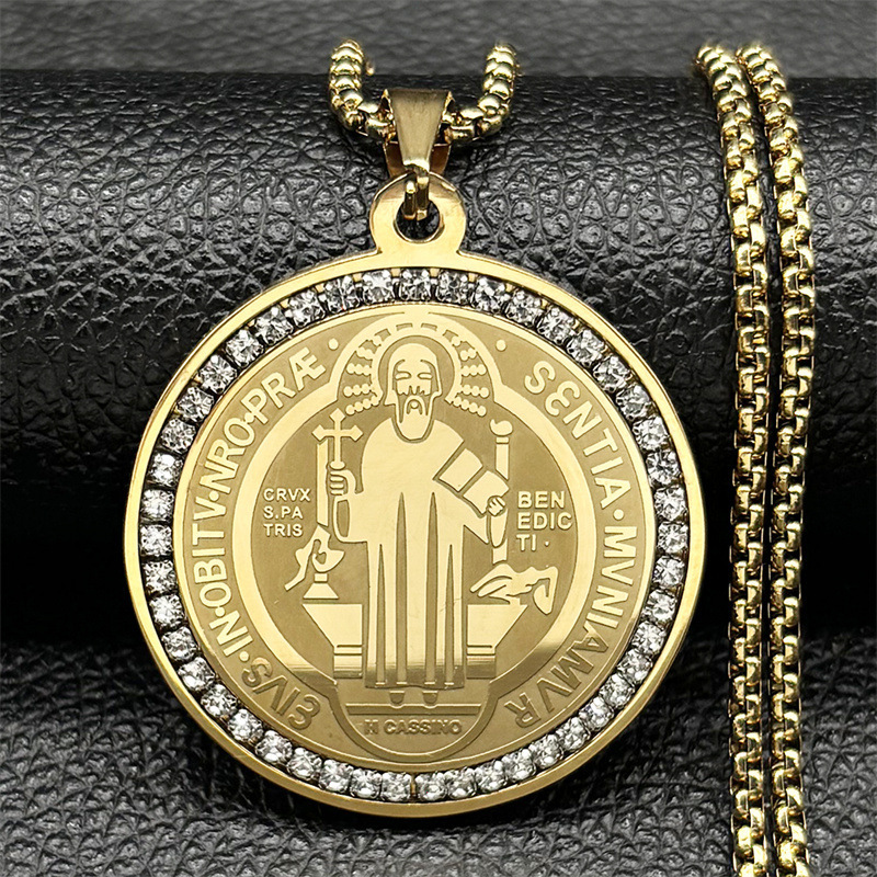 MYK3238-St. Benedict's Vintage Circular Double-Sided Pattern Faith Necklace