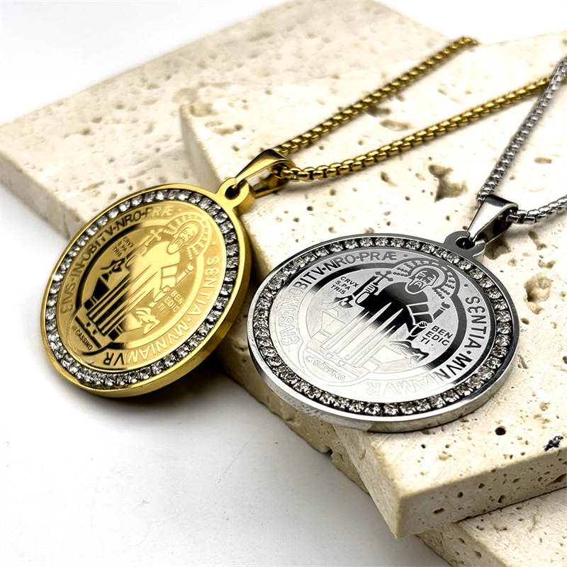 MYK3238-St. Benedict's Vintage Circular Double-Sided Pattern Faith Necklace