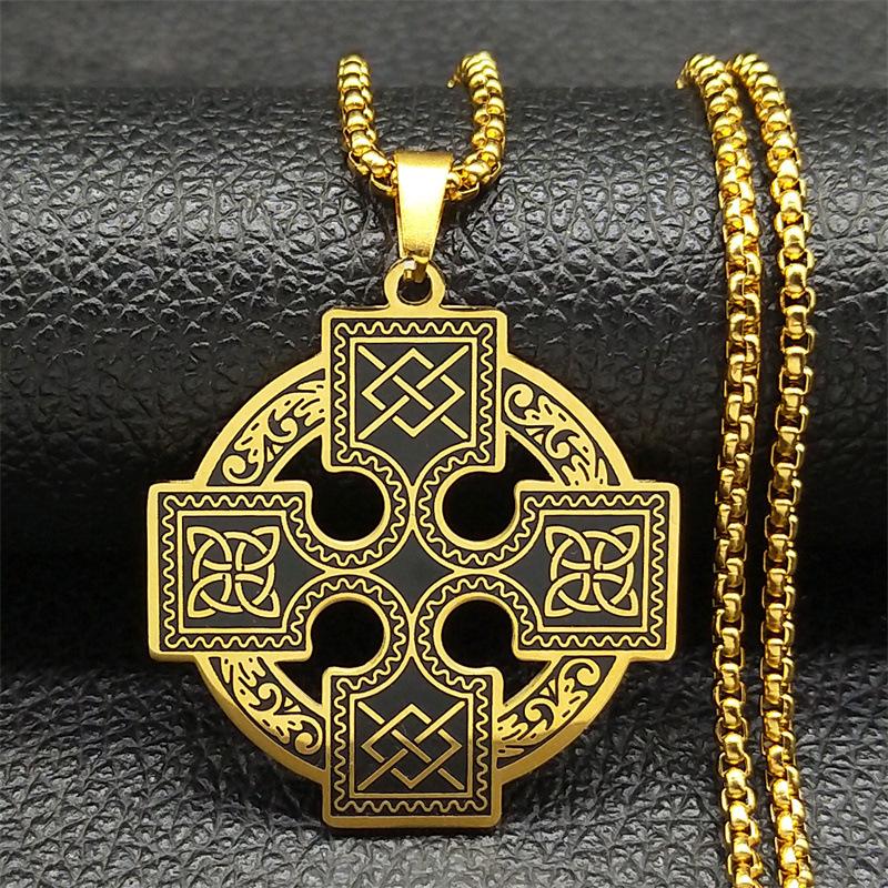 MYK3244-Celtic Knot Neck Stainless Steel Sun Cross Knot Viking Shield Druid Necklace
