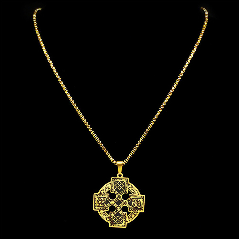 MYK3244-Celtic Knot Neck Stainless Steel Sun Cross Knot Viking Shield Druid Necklace