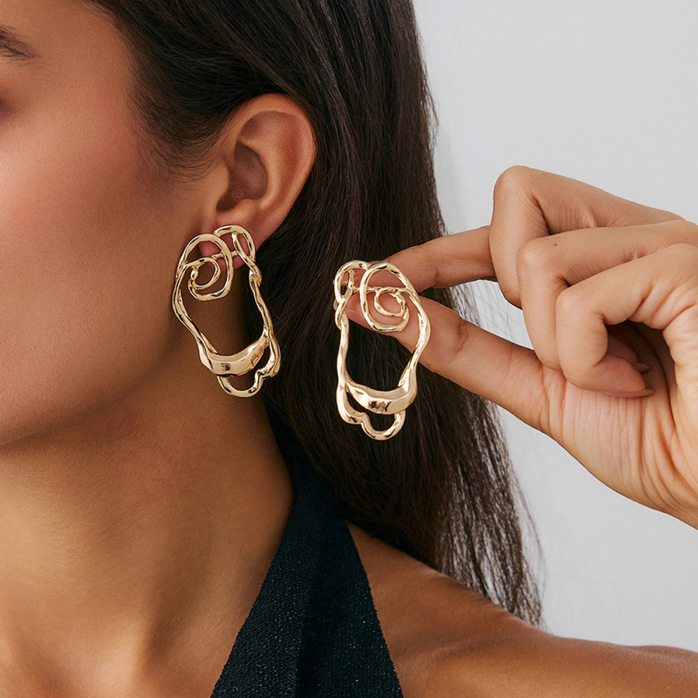 Unique irregularly pleated openwork alloy stud earrings