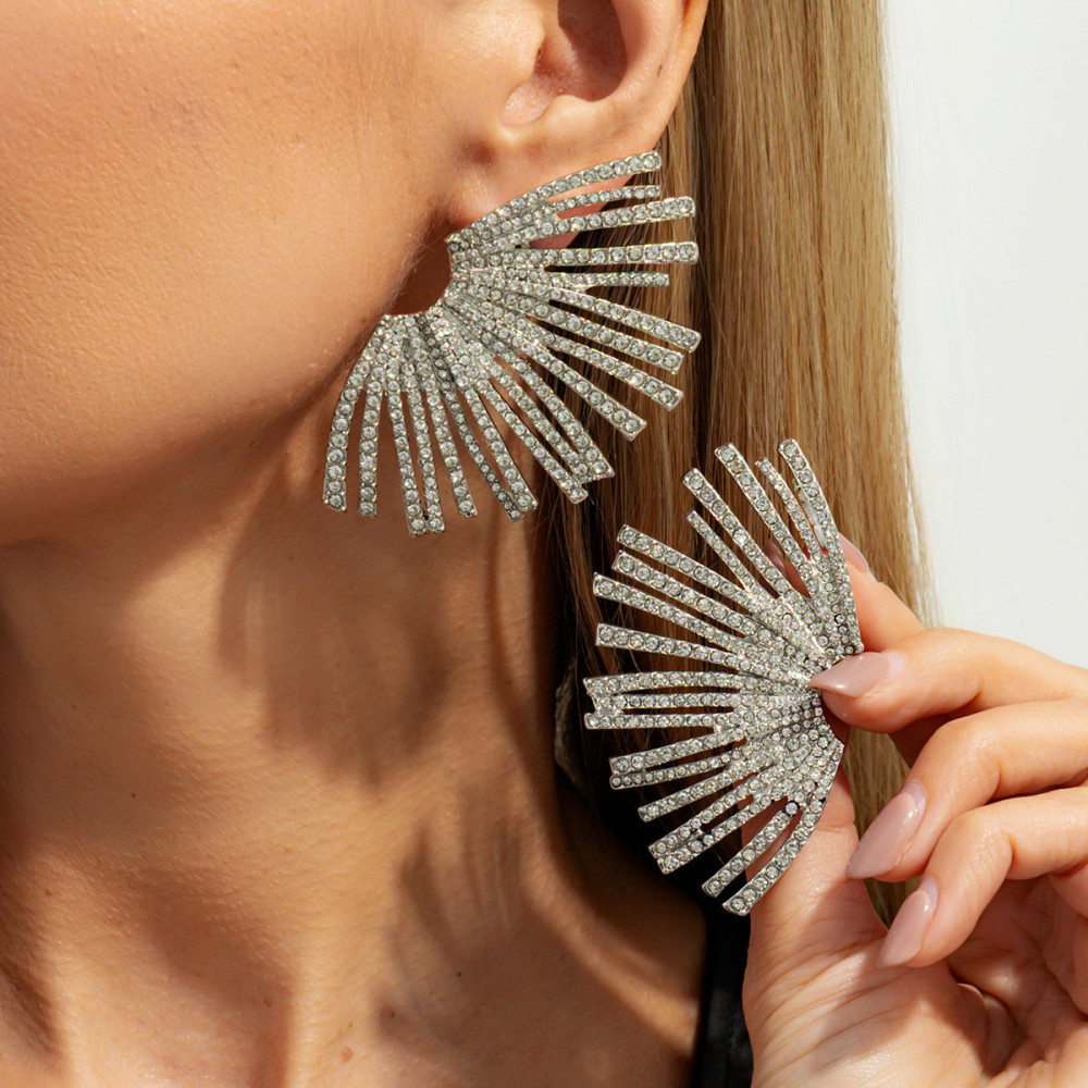 Irregular fan-shaped alloy earrings fully rhinestoneed