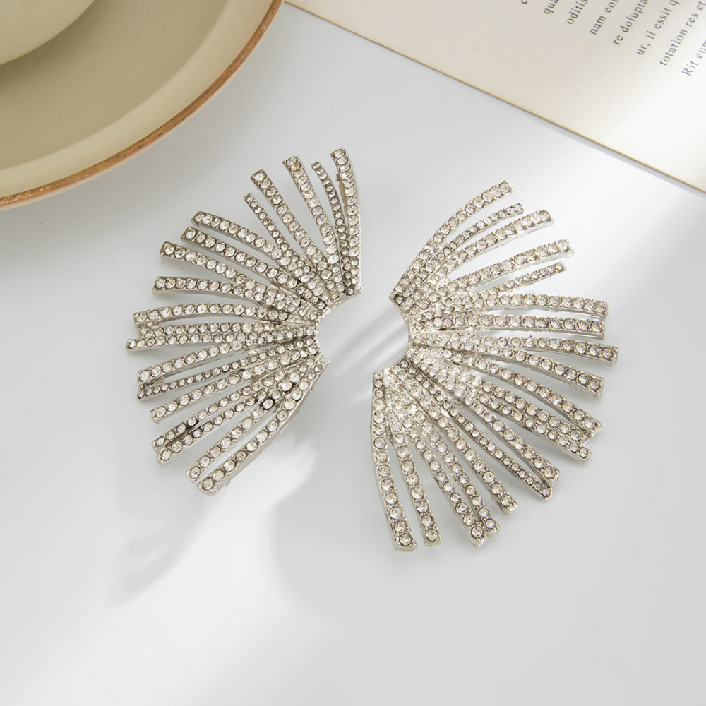 Irregular fan-shaped alloy earrings fully rhinestoneed