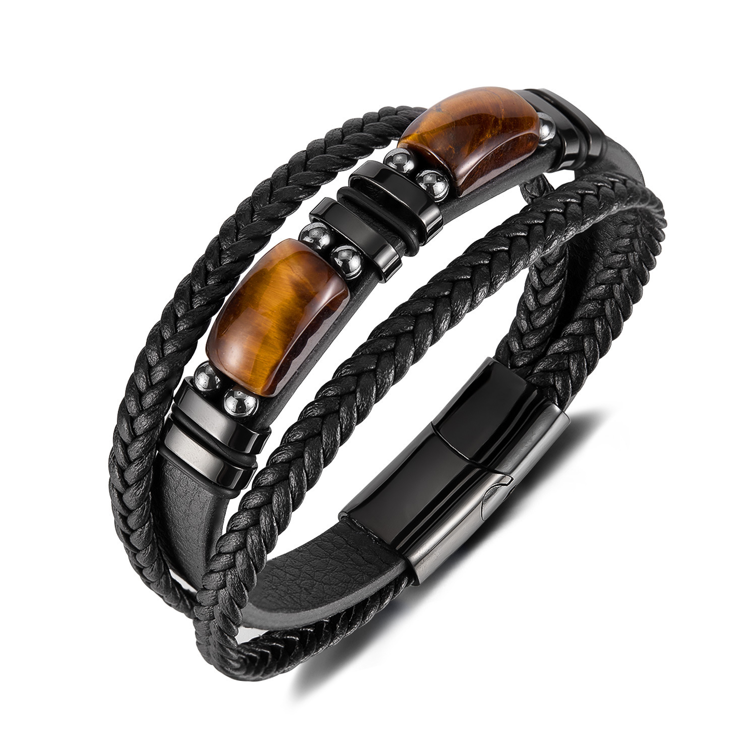 MYK3275-Stainless steel tiger eye stone and black gallstone multi-layered woven leather bracelet